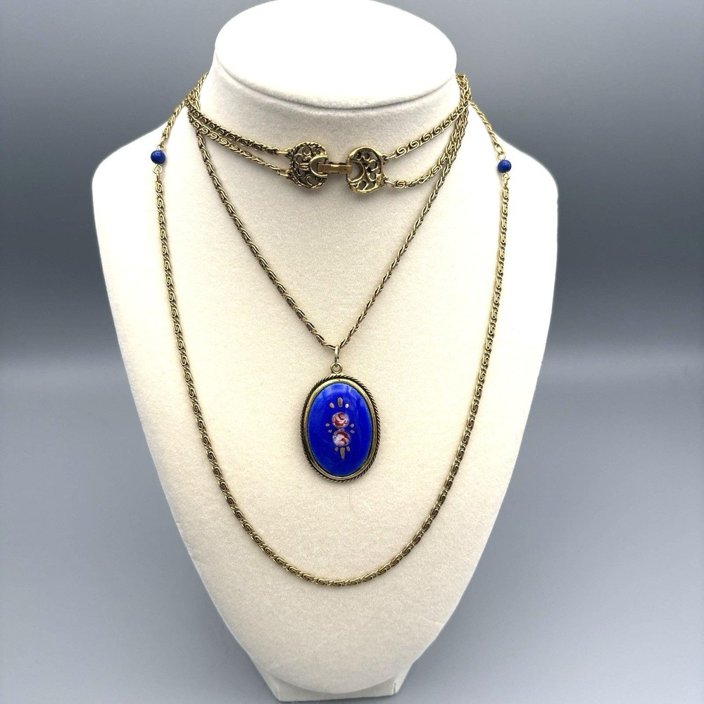 Vtg Goldette Enamel Pendant Necklace Reversible Cameo Blue Pink Flowers Romantic